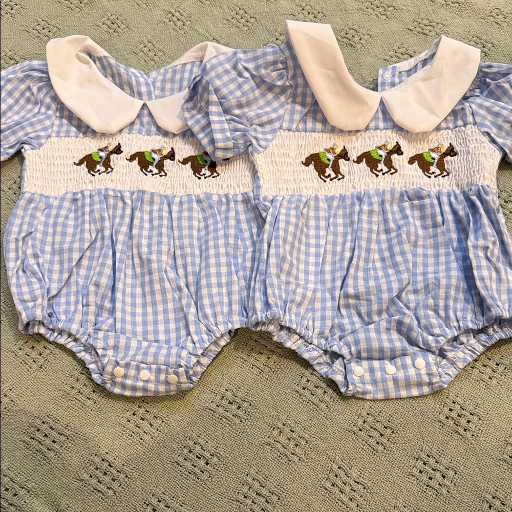 Twin set Smocked Blue Gingham Baby Bubble with Horse Embroidery